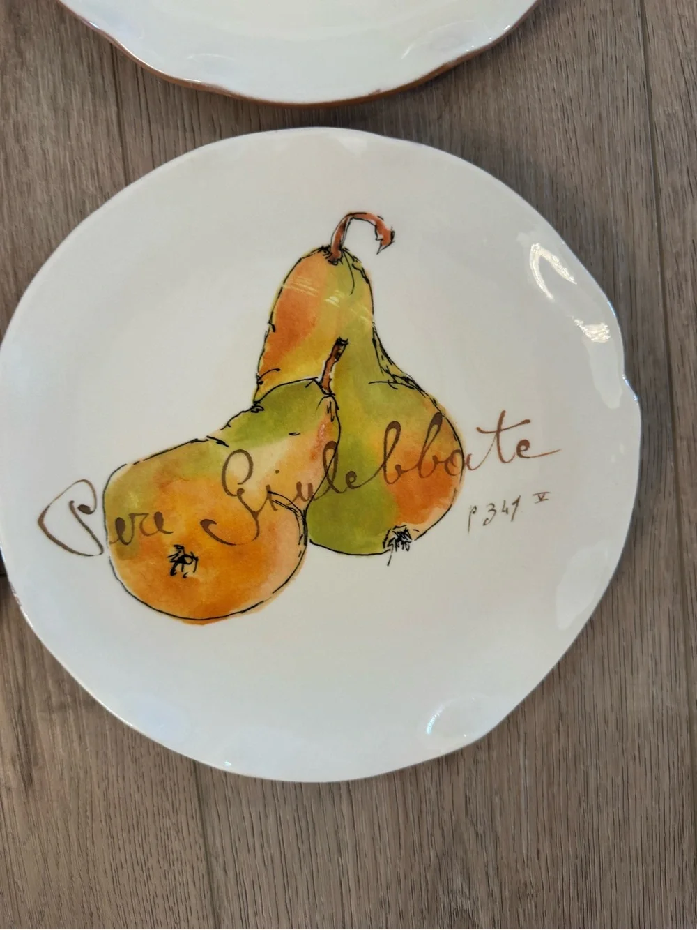 4 Crate & Barrel Verona Fruit Plates 9.25” Italy Pear Fig Grape Pomegranate